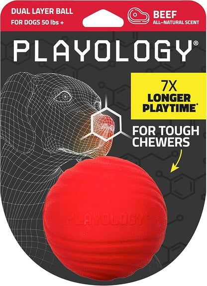 Playology Dog Toys | Dual Layer Ball Durable Chew Toy for Aggressive Chewers | Jumbo Beef Scented Toy - Easy to Clean and Made from Non Toxic Materials