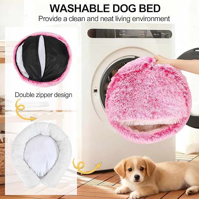 Calming Dog Beds with Hooded Cat Cave Cover - Removable, Washable Round Beds for Small to Medium Pets, Anti-Slip Faux Fur Fluffy Cover for Improved Sleep - Fits up to 15/25 lbs (Pink, M)