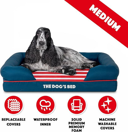 The Dog’s Bed, Medium Blue Oxford with Red Trim USA Flag Dog Bed with Central Flag, Memory Foam, Pain Relief, Post Surgery, Waterproof Washable Cover