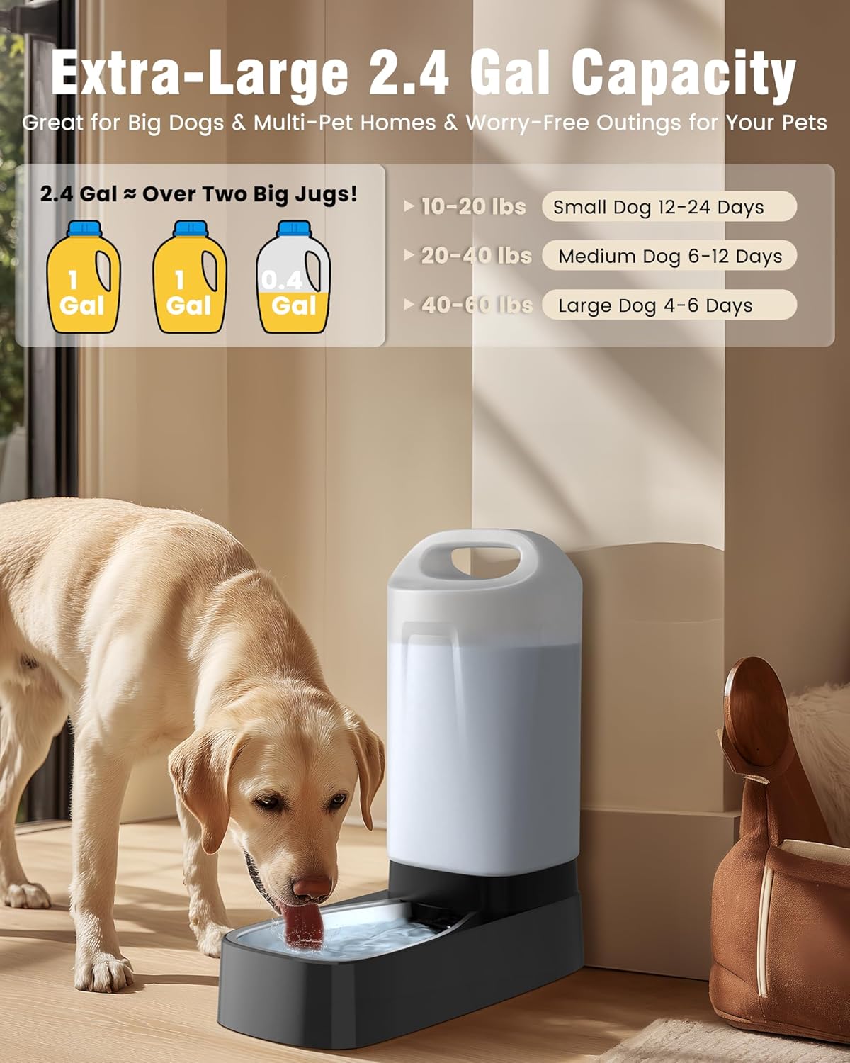 Automatic Dog Water Bowl Dispenser - 2.4 Gallon Stainless Steel Gravity Pet Water Feeder with Ergonomic Handle Design Anti Splash Drinking Bowl Without Filter Easy to Clean Multi Pet Use