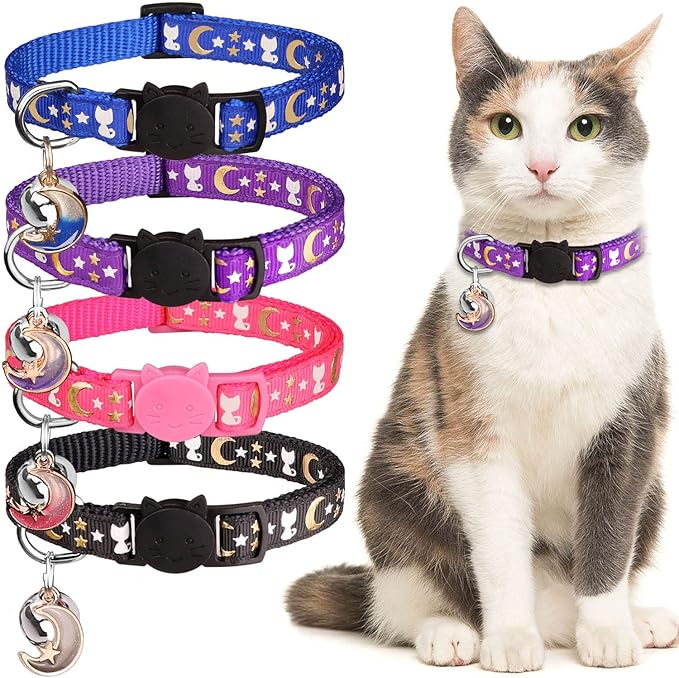 4 PCS Cat Collars with Bell Breakaway Gold Moons and Stars Adjustable Safety Kitten Collars with Charm Glow in The Dark