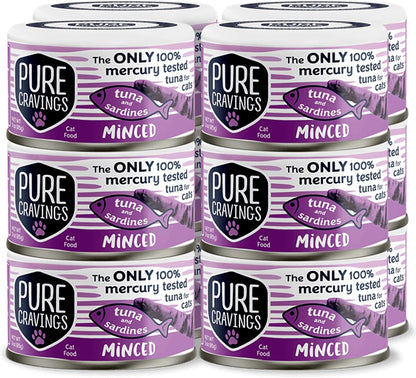 Pure Cravings Minced Tuna and Sardines Wet Canned Cat Food, 100% Mercury-Tested, Moist Can Fish for Cats, Grain-Free, Protein, Non-GMO, 3oz, Pack of 12