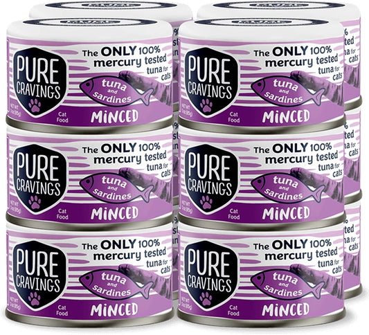 Pure Cravings Minced Tuna and Sardines Wet Canned Cat Food, 100% Mercury-Tested, Moist Can Fish for Cats, Grain-Free, Protein, Non-GMO, 3oz, Pack of 12