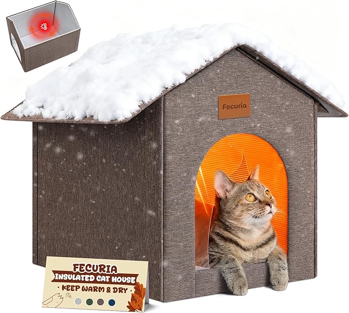 Insulated Outdoor Cat House Weatherproof, Winter Cat Houses for Outdoor Cats with Heated-Foil, Waterproof Feral Stray Cat Shelter with Warm Mat and Door Curtain, Easy to Assemble, Brown