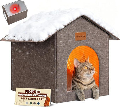 Insulated Outdoor Cat House Weatherproof, Winter Cat Houses for Outdoor Cats with Heated-Foil, Waterproof Feral Stray Cat Shelter with Warm Mat and Door Curtain, Easy to Assemble, Brown