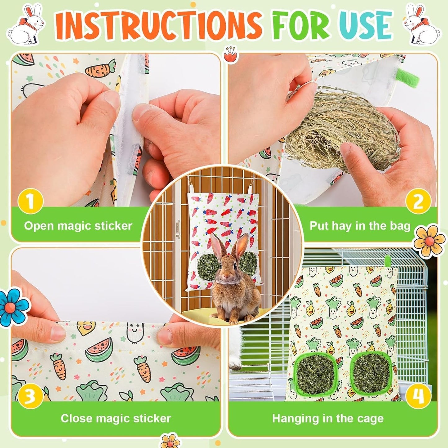 UPINS 2 Pack Guinea Pig Hay Feeder,Rabbit Hay Bag Hanging Hay Holder for Guinea Pig Cage Hay Feeder for Bunny Rabbits Chinchillas Hamsters Small Pets and Animals