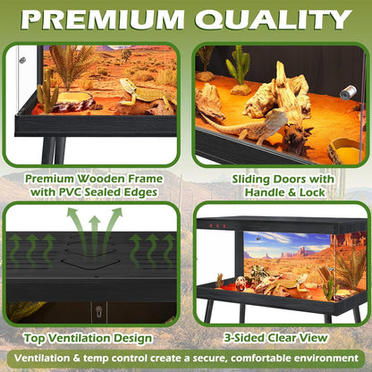 Royxen Tempered Glass Bearded Dragon Tank,65 Gallons Reptile Tank with Leg Stand,Built-in Lighting Reptile Enclosure Scartch-Proof Bearded Dragon Encloure for Chameleon,Snake(Black,40"x 20"x 20")