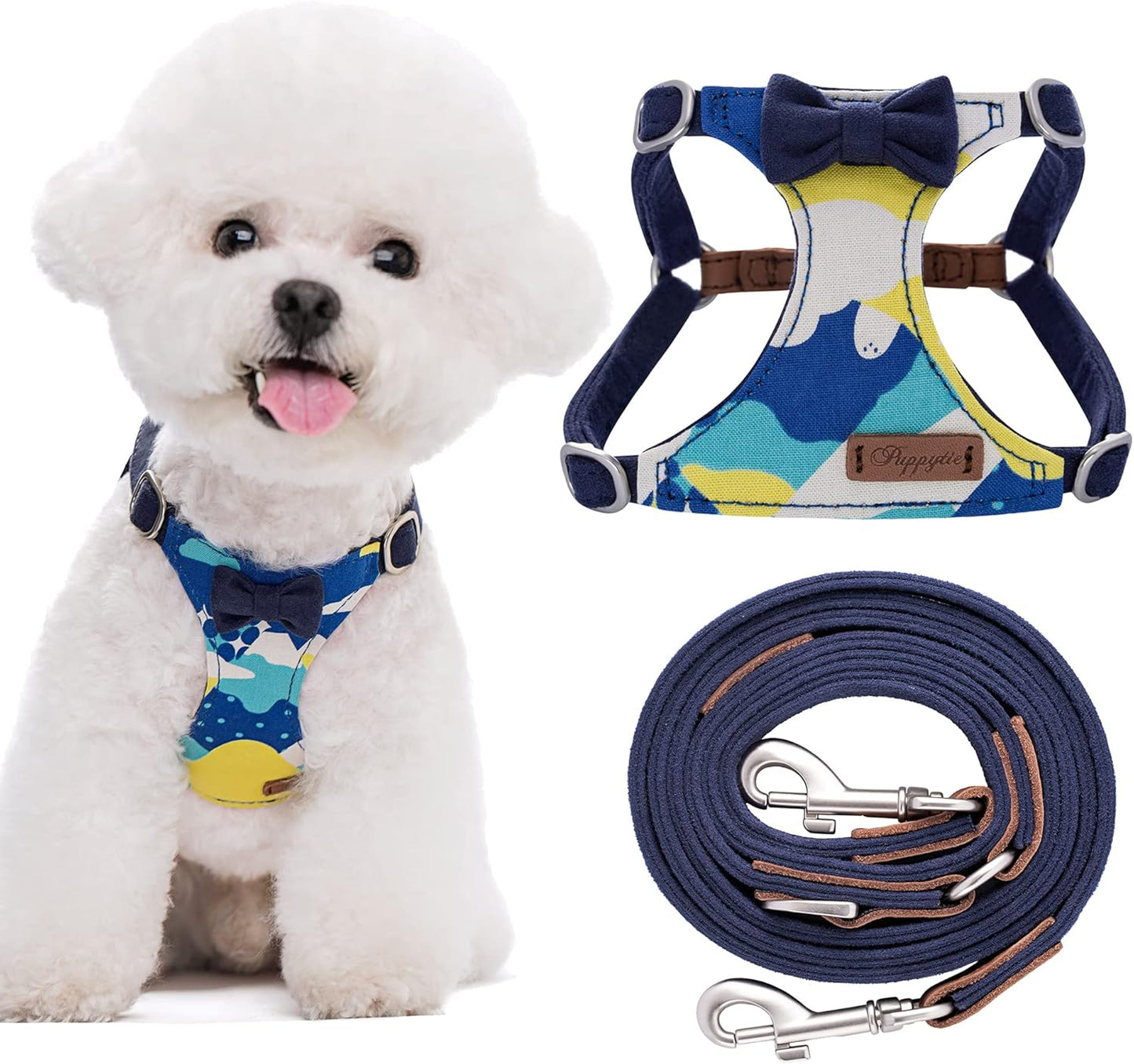 Puppytie No Pull Small Dog Harness with Multifunction Dog Leash,Lightweight Soft Adjustable No Choke Escape Proof Pet Harness Vest Pet Harness Vest,Suede Bow Navy,S