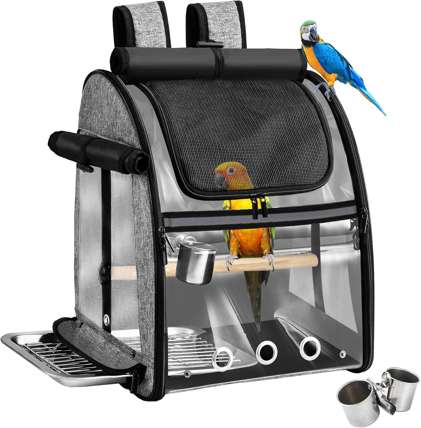 Sanmoncare Bird Carrier Backpack with Stainless Steel Mesh, Parrot Travel Cage with Stand, Easy to Clean, Portable Conures Travel Bag, Pet Breathable Travel Cage