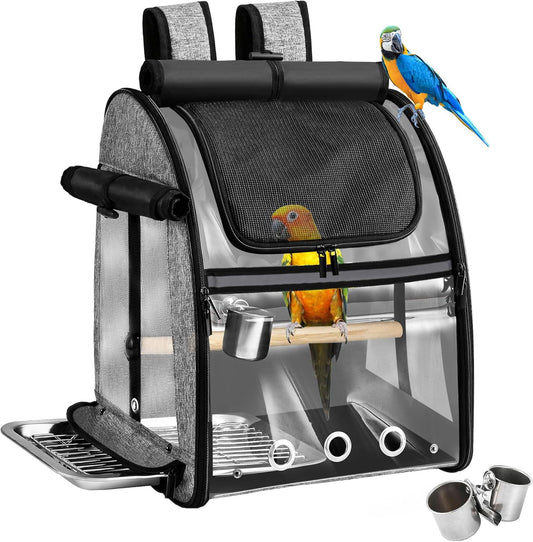 Sanmoncare Bird Carrier Backpack with Stainless Steel Mesh, Parrot Travel Cage with Stand, Easy to Clean, Portable Conures Travel Bag, Pet Breathable Travel Cage