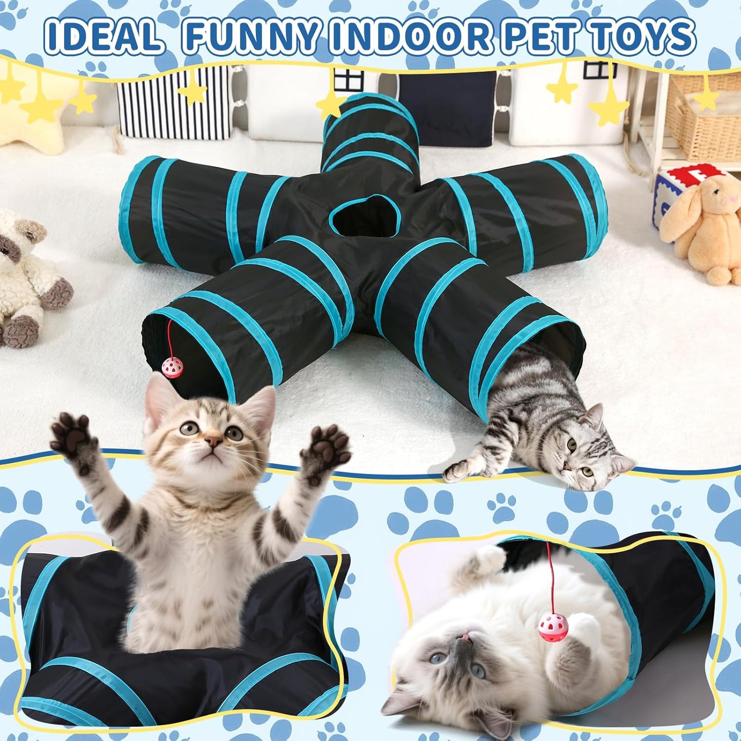 Pet Cat Tunnel, 5 Way Tunnels for Indoor Cats, Collapsible Pet Tunnel for Kitten, Puppy, Rabbit, 25cm-Wide Tunnels, Durable & Breathable, with Peek Hole Toy Ball