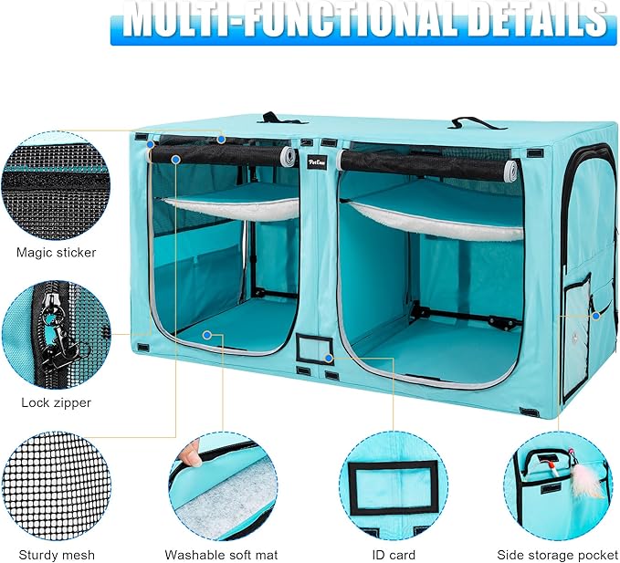 Huge Sapce Double Compartment Cat Travel Carrier with Litter Box & Homack | Cat Show Kennel Cage Crate with Mat & Water Bottle