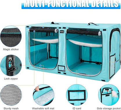 Huge Sapce Double Compartment Cat Travel Carrier with Litter Box & Homack | Cat Show Kennel Cage Crate with Mat & Water Bottle