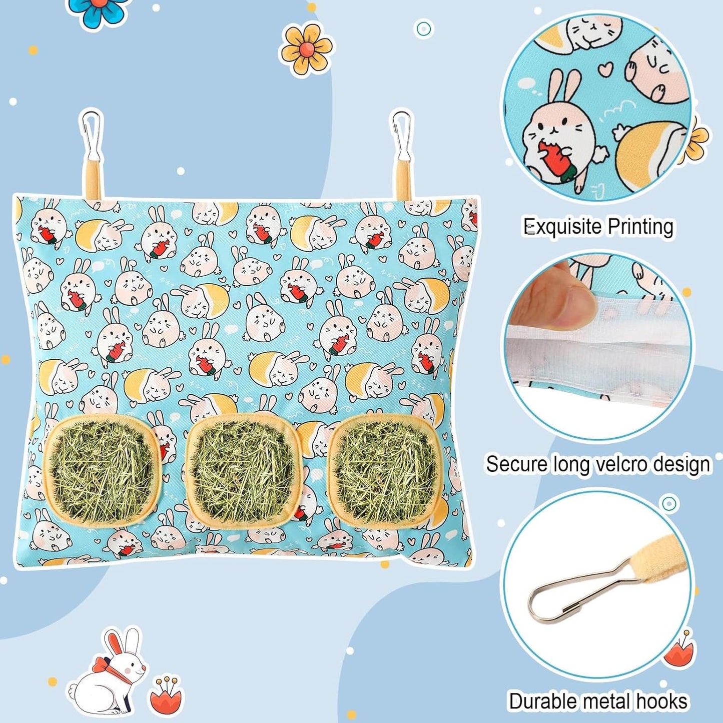 UPINS 2 Hay Bag for Rabbits 3-Hole Hanging Hay Feeder Guinea Pig Hay Bags, Hay Feeder for Rabbits Chinchillas Hamsters Small Pets and Animals