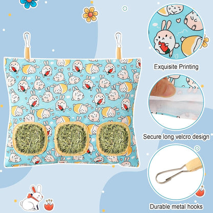 UPINS 2 Hay Bag for Rabbits 3-Hole Hanging Hay Feeder Guinea Pig Hay Bags, Hay Feeder for Rabbits Chinchillas Hamsters Small Pets and Animals