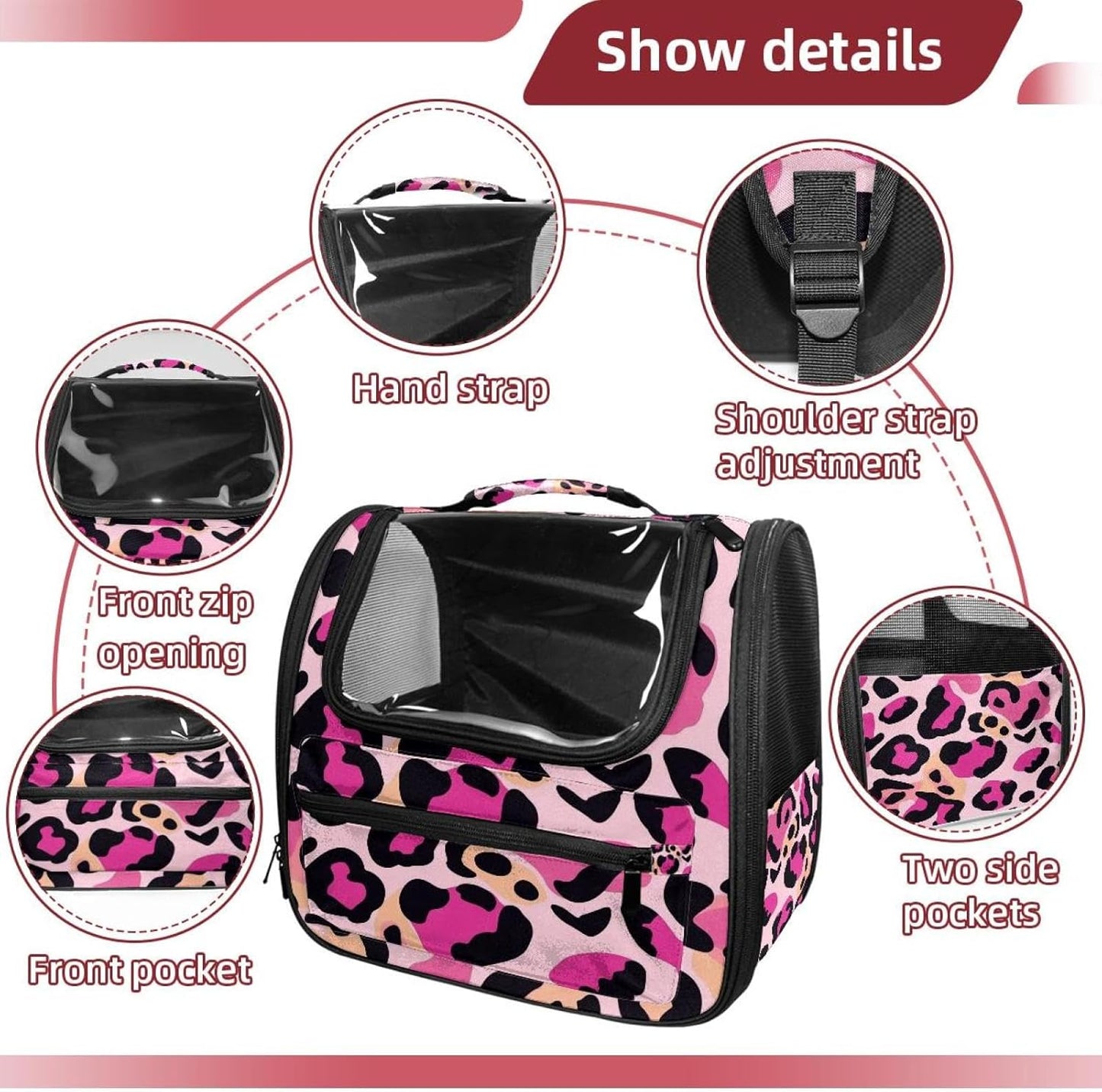Pink Leopard Print (1) Cat Backpack Carrier, Pet Backpack for Dog Cat Puppy Kitty, Travel Carrier for Hiking Walking Outdoor Use