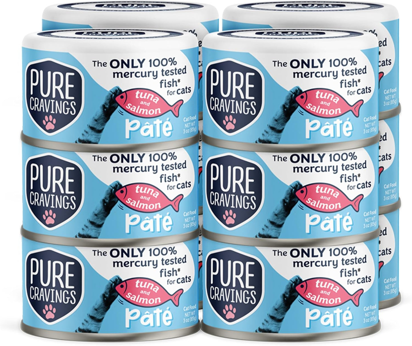 Pure Cravings Tuna and Salmon Pate, Canned Wet Cat Food, 100% Mercury-Tested, Moist Can Fish, Grain-Free Protein, Non-GMO, 12 Pack