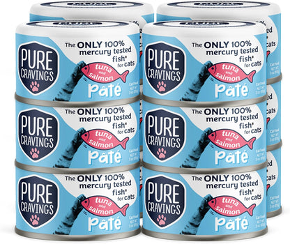 Pure Cravings Tuna and Salmon Pate, Canned Wet Cat Food, 100% Mercury-Tested, Moist Can Fish, Grain-Free Protein, Non-GMO, 12 Pack