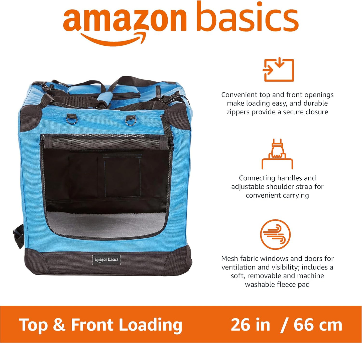 Amazon Basics Folding Portable Soft Pet Dog Crate Carrier Kennel, 26 x 18 x 18 inches, Blue