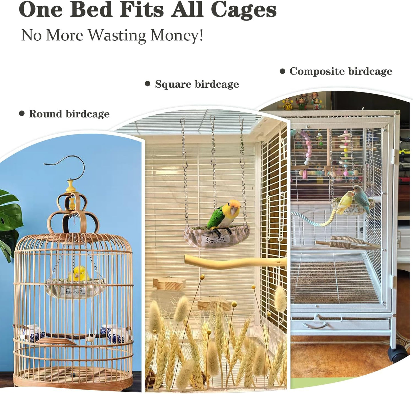Waterproof Bird Bed with Adjustable Chain, Customizable Height Hanging Bird Hammock for Cage, Small Size Bird Nest with Durable Non-Collapsible Bottom, Bird Hut for Conures, Budgies (Khaki)