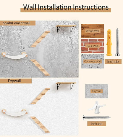 Cat Wall Shelves with 1 Floating Fabric Hammock, 2 Ladders with 4 Steps Each & 1 Flat Cat Shelf, Wall Mounted Bed Furniture & Climber, Indoor Playground
