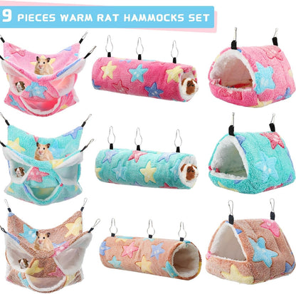 Abbylike 9 Pieces Rat Hammock 3 Tier Guinea Pig Ferret Hammocks Small Pet Hanging Tunnel Glider Toy Guinea Pig Ferret Hideout Bed Cage Accessories for Hamster (Green, Pink, Brown,Stars)