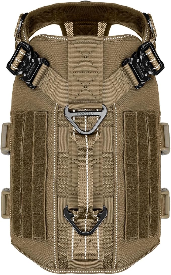 ICEFANG Tactical Mesh Dog Harness for X-Large Dogs,Reflective Dog Molle Vest with Metal Buckles,Hook and Loop Panels,No Pulling Front Clip for Walking Hiking Training (X-Large (Pack of 1), Brown)