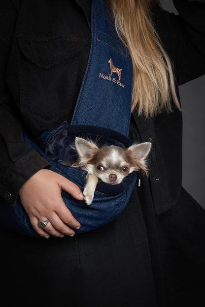 Noah & Paw Dog Sling Carrier for Small Dogs 3-10lb, Dog Sling for Small Dogs and Cats, Dog Carrier with Adjustable Padded Strap, Vegan Denim Lined with Fur, 3X Safety Features, Machine Washable