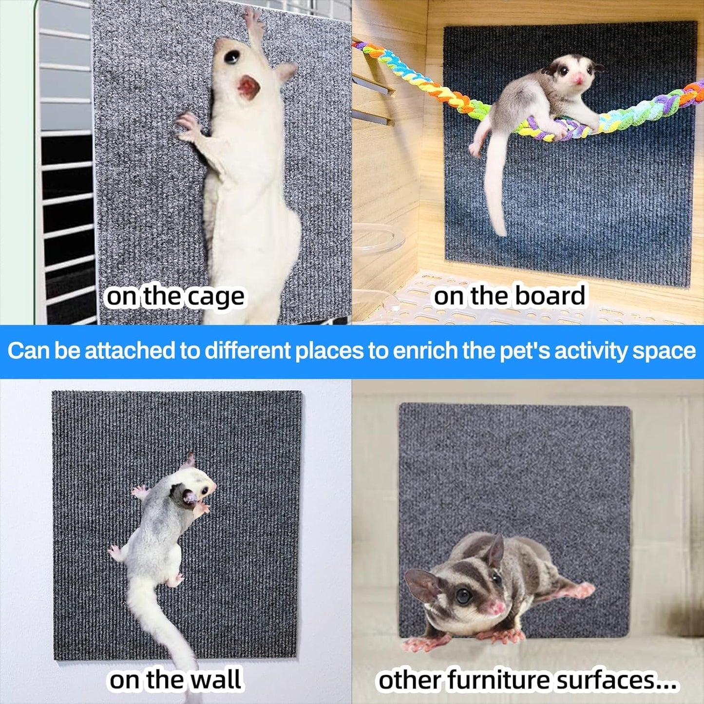 Sugar Glider Toys,6 Pcs Sugar Glider Climbing Mats,Sugar Glider Sharpening Claws Mats with Climbing Ropes Cage Accessories,Cuttable Self-Adhesive Small Animals Pets Scratching Pads Enrichment Toys for