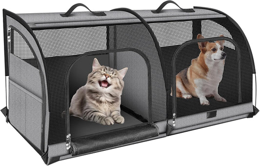 Double Cat Car Travel Carrier, Twin Compartment Show House Cat Cage/Condo，Portable Pet Crate for 2 Cats Travel Double Dog Crate Set for Long Distance Travel