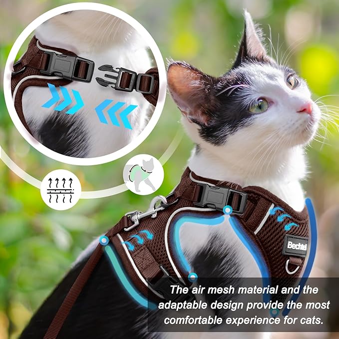 Cat Harness and Leash Set - Escape Proof Adjustable Cat Harness, Comfortable Soft Lightweight, Use Safe & Easy, Walking Travel Kitten Harness for Small Medium Large Cats, Brown, M(13-18lb)