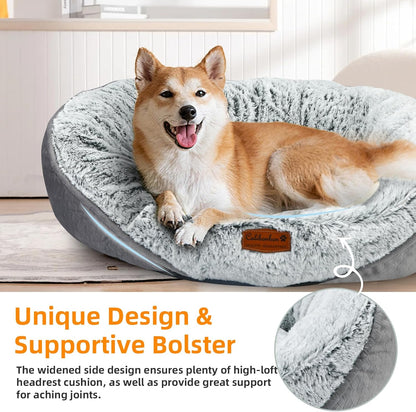 Long Fur Pet Bed for Medium Dogs, Plush Cat Bed with Bolster, Machine Washable Dog Bed with Non-Slip Waterproof Bottom, Orthopedic Support for Warmth & Security, 25x22 Inches