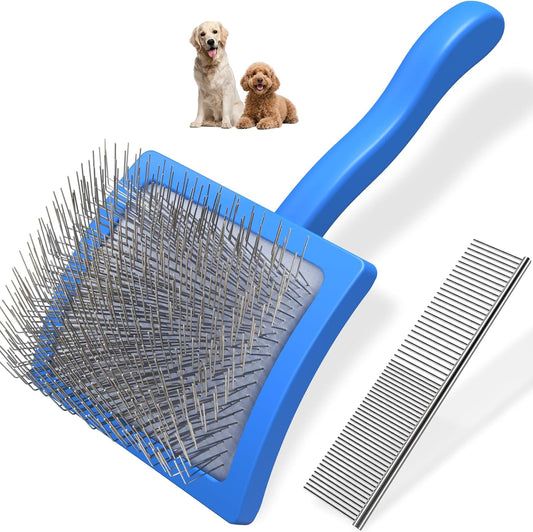 2PCS Slicker Brush for Dogs & Pet Comb,Professional Dog Grooming Brush (Goldendoodles,Poodles,Labradoodles) with Extra Long Pins to Effectively Remove Tangles, Knots and Mats (Blue Large)