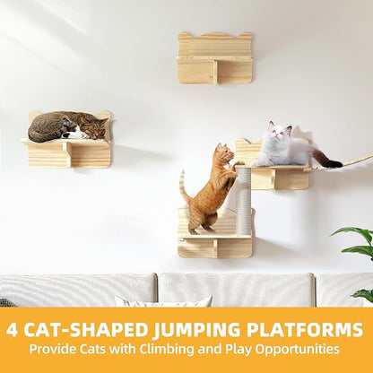 Wooden Cat Wall Shelves, Cat Wall Furniture Solid Wood Feline Shelf, 16 Piece Feline Shelves and Perches with Condos, House, Steps, Bridge Ladder, Scratching Post and Tunnel