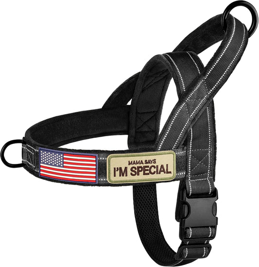 Forestpaw No Pull Dog Harness with Large Handle,Slip on Reflective Vest with Quick Release Buckle,Comfortable Flannel Lining for Medium Large Dogs Walking Training (Includes 3 Patches),Black XL