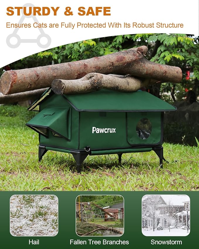 100% Waterproof Heated Cat House for Outdoor Cat with Safe Escape Door, Cat Bed Weatherproof Cat Shelter Kitty with Cat Heating Pad, Insulated Warm House for Feral Cat(Green, 16"x16"x19.3")