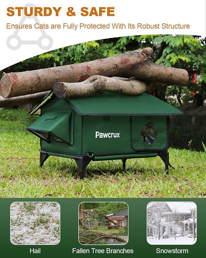 100% Waterproof Heated Cat House for Outdoor Cat with Safe Escape Door, Cat Bed Weatherproof Cat Shelter Kitty with Cat Heating Pad, Insulated Warm House for Feral Cat(Green, 16"x16"x19.3")