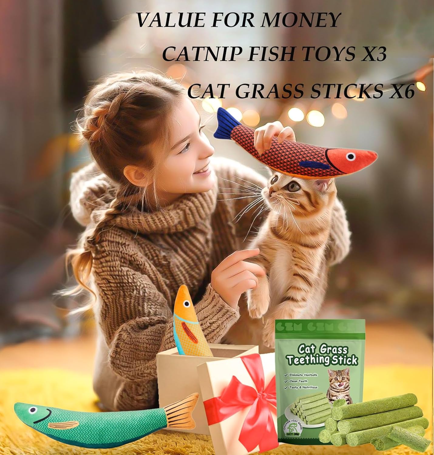 Cat Toys for Indoor Cats 9pcs Saury Fish Toy Catnip Toys Cats Interactive Toys Kitten Dental Gifts Cat Kicker Grass Stick Kitty Chew Plush with Bells