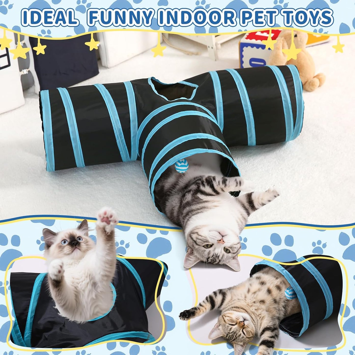 Pet Cat Tunnel, T-3 Way Tunnels for Indoor Cats, Collapsible Pet Tunnel for Kitten, Puppy, Rabbit, 25cm-Wide Tunnels, Durable & Breathable, with Peek Hole Toy Ball