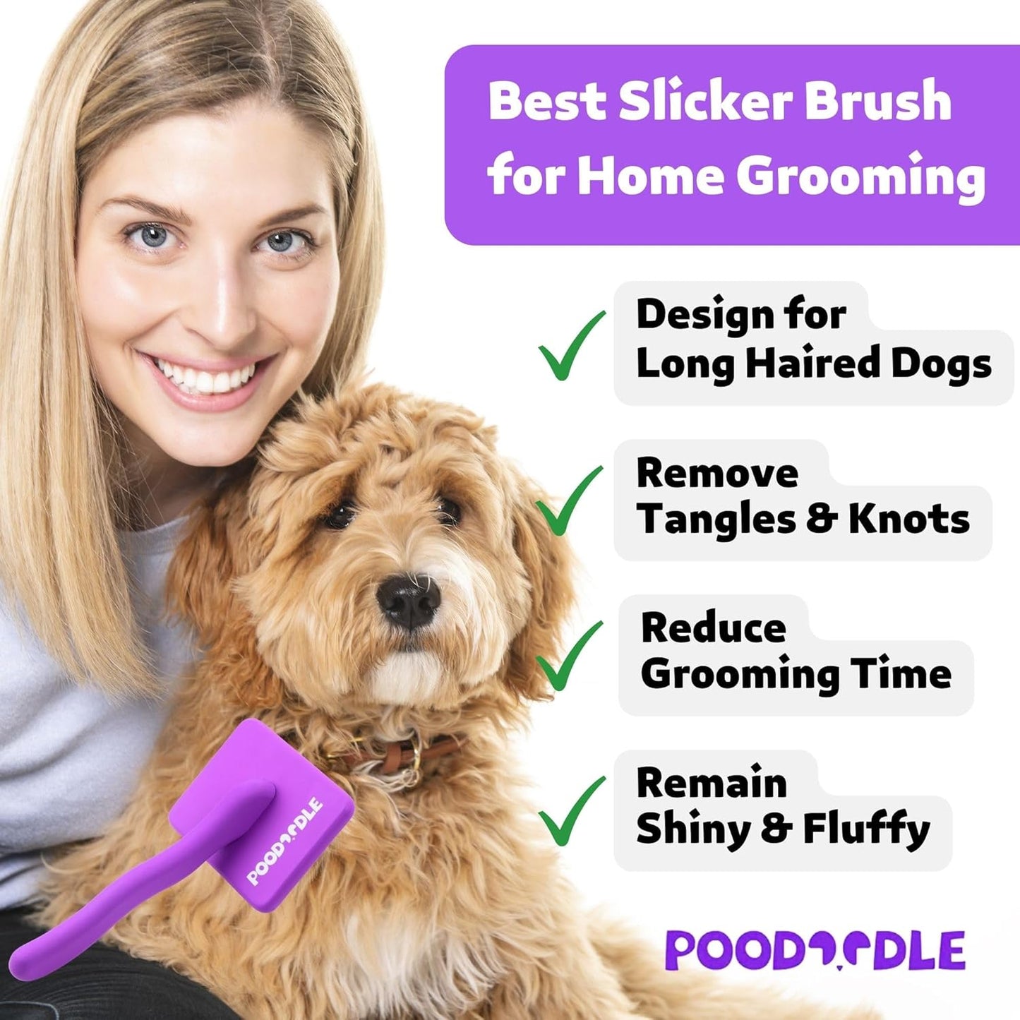Dog Slicker Brush, Grooming Tool for Poodle, Doodle, Goldendoodle & All Long Haired Dogs, Long Pin Wood Brush Pefect for Dematting & Detangling, Effortless Grooming Pet Hair At Home - Large