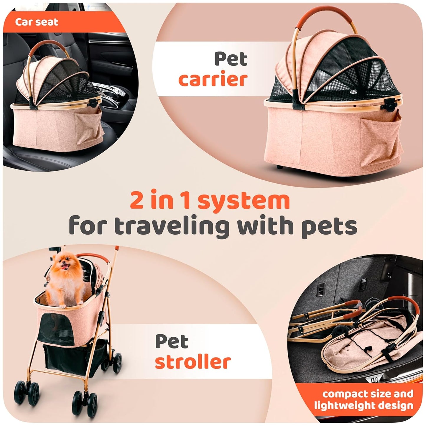 Pet Stroller for Small Medium Dogs & Cats – 2-in-1 Detachable Carrier, Zipperless Entry, Lightweight Folding Travel Stroller with Storage Basket, Cup Holder, Brown