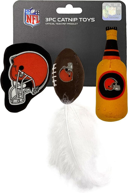 Pets First Best Plush CAT Toy - NFL Cleveland Browns Complete Set of 3 Piece Cat Toys Filled with Fresh Catnip. Includes: 1 Helmet Cat Toy, 1 Football Toy with Feathers & 1 Beer Bottle