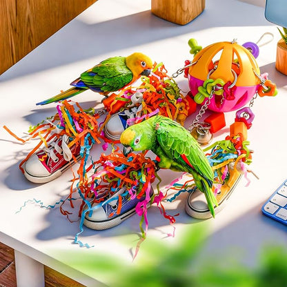 Bird Toys, Parrot Pullable Colorful Chew Sneakers Acrylic Stick Chew Toys for Amazons Mini Macaws African Greys Cockatoos Conures,Cockatiels, Lovebirds，Parrotlet，Eclectus (Pink and Yellow)