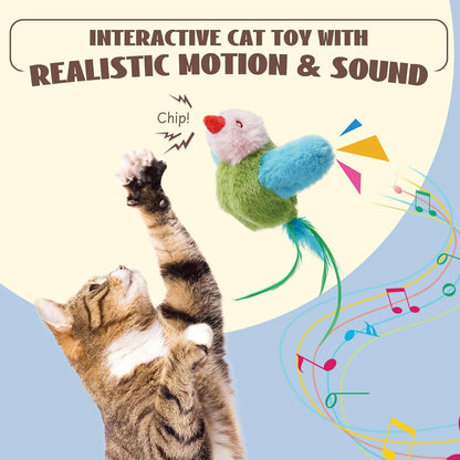 Flapping Bird Cat Toy, Interactive Catnip Kitten Toy with Lifelike Chirping, Rechargeable & Touch Activated for Bored Indoor Adult Cats of All Breeds, Green