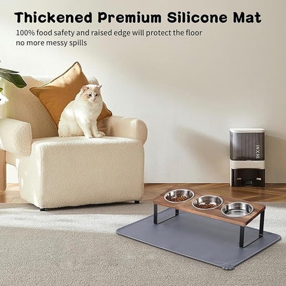 Upgraded Elevated Cat Bowls with Food Mat,15°Tilted Stand Anti Vomiting Raised Cat Dishes for Food and Water,3 Stainless Steel Bowls for Cats and Puppy（Rustic Brown）