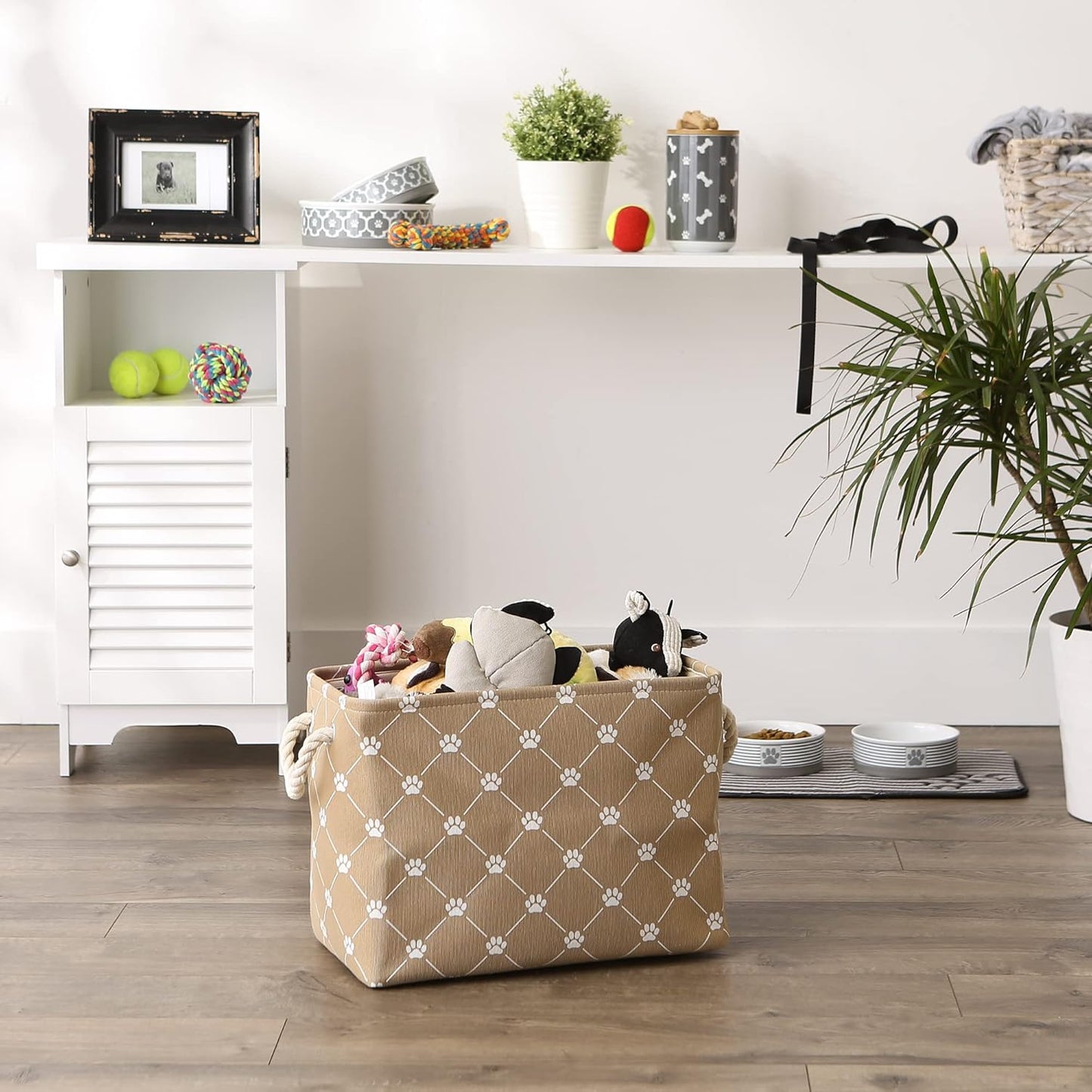 Bone Dry Pet Storage Paw and Bone, Trellis Collection, Medium Rectangle, 16x10x12, Taupe