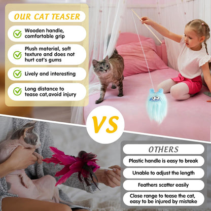 Elastic Cat Wand Toy Funny Interactive Plush Cat Fishing Pole Toy with Bell Soft Natural Wood Kitten Teaser Wand for Indoor Cats Kittens Bored Cats (3 Pack)