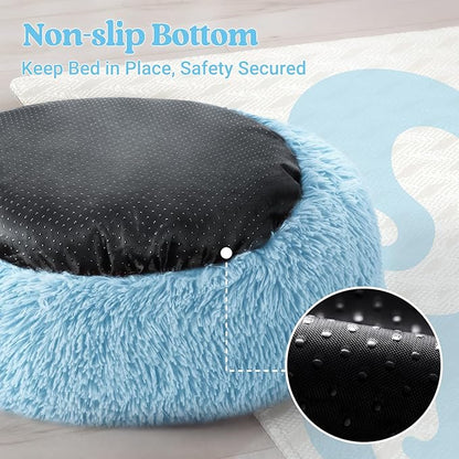 rabbitgoo Cat Beds for Indoor Cats, 20 inches Cat Bed Machine Washable, Fluffy Round Pet Bed Non-Slip, Calming Soft Plush Donut Cuddler Cushion Self Warming for Small Dogs Kittens, Light Blue, Medium