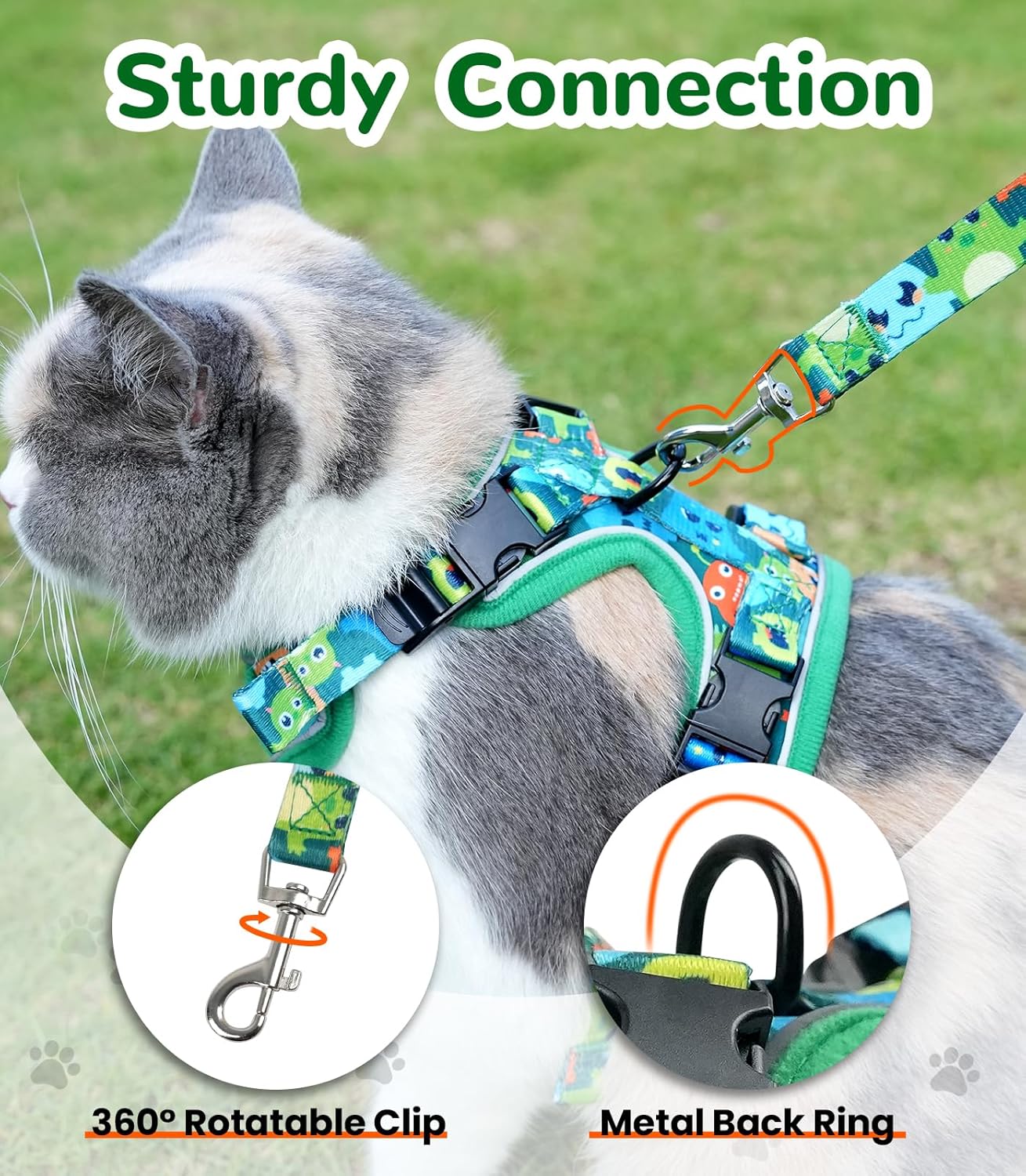 Halypet Cat Harness and Leash Set for Walking, Escape Proof Adjustable Vest Harness with 3-in-1 Integrated Buckles, Easy Control Soft Breathable Mesh with Reflective Strips for Cats, XS, Green Monster