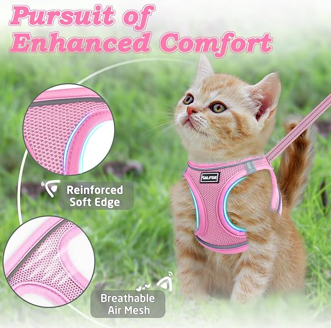 Cat Harness and Leash for Walking Escape Proof, Adjustable Kitten Vest Harness Reflective Soft Mesh Puppy Harness for Outdoor, Comfort Fit, Easy to Control (NPink, M)